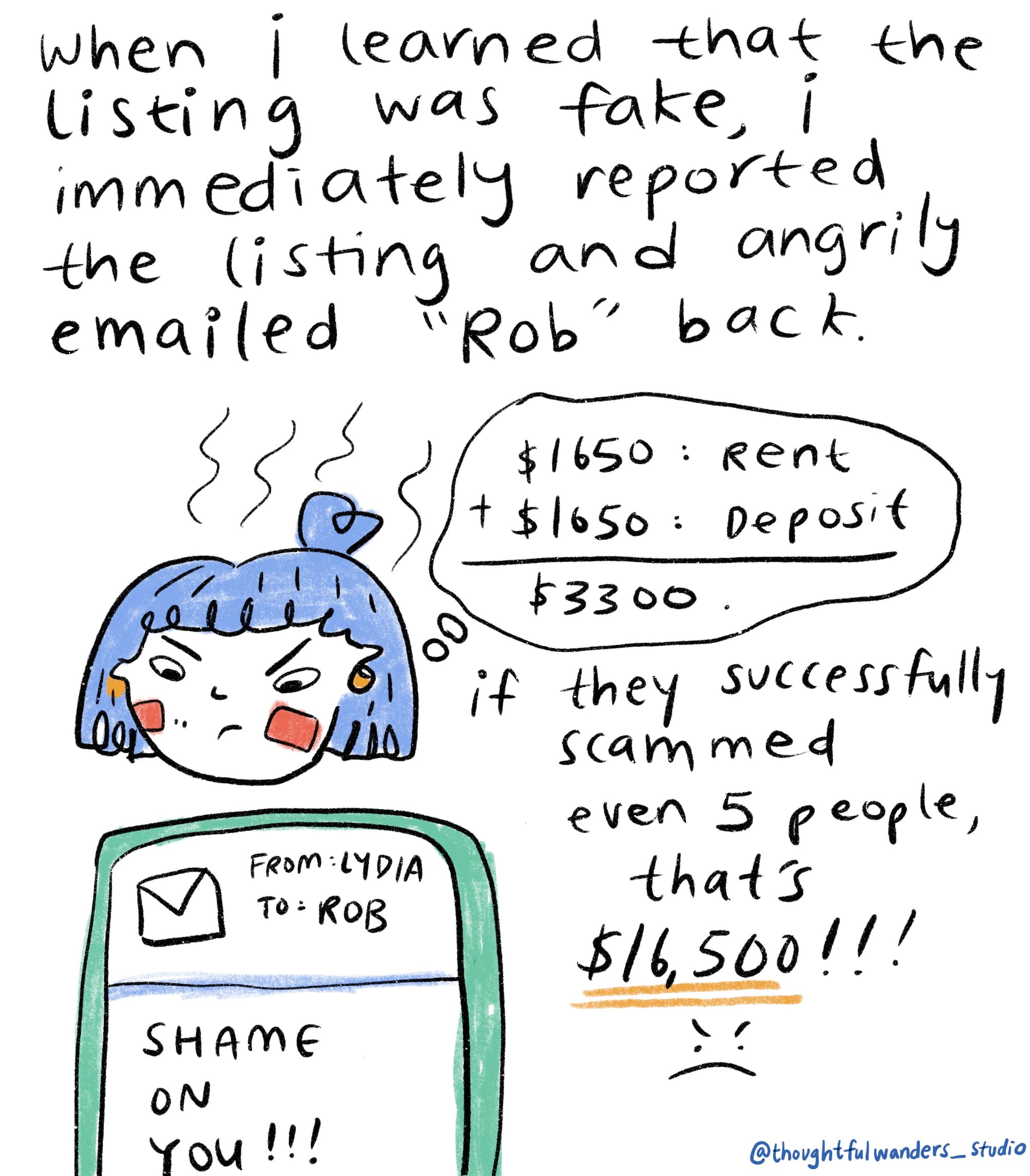 when i learned that the listing was fake, I immediately reported the listing and angrily emailed "rob back". me angrily calculating the deposit and rent 1650+1650 = 3300. if they successfully scammed even 5 people, that's 16,500!! then me writing an email to the scammer "shame on you!"
