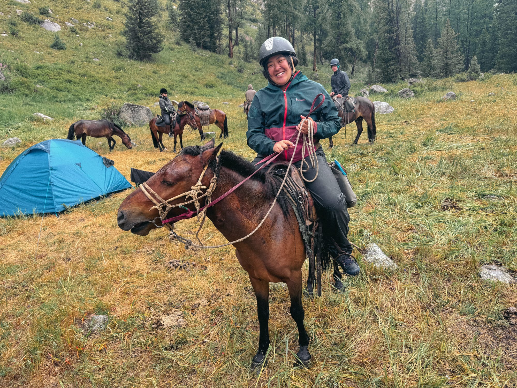 asian woman riding brown horse altai mountain