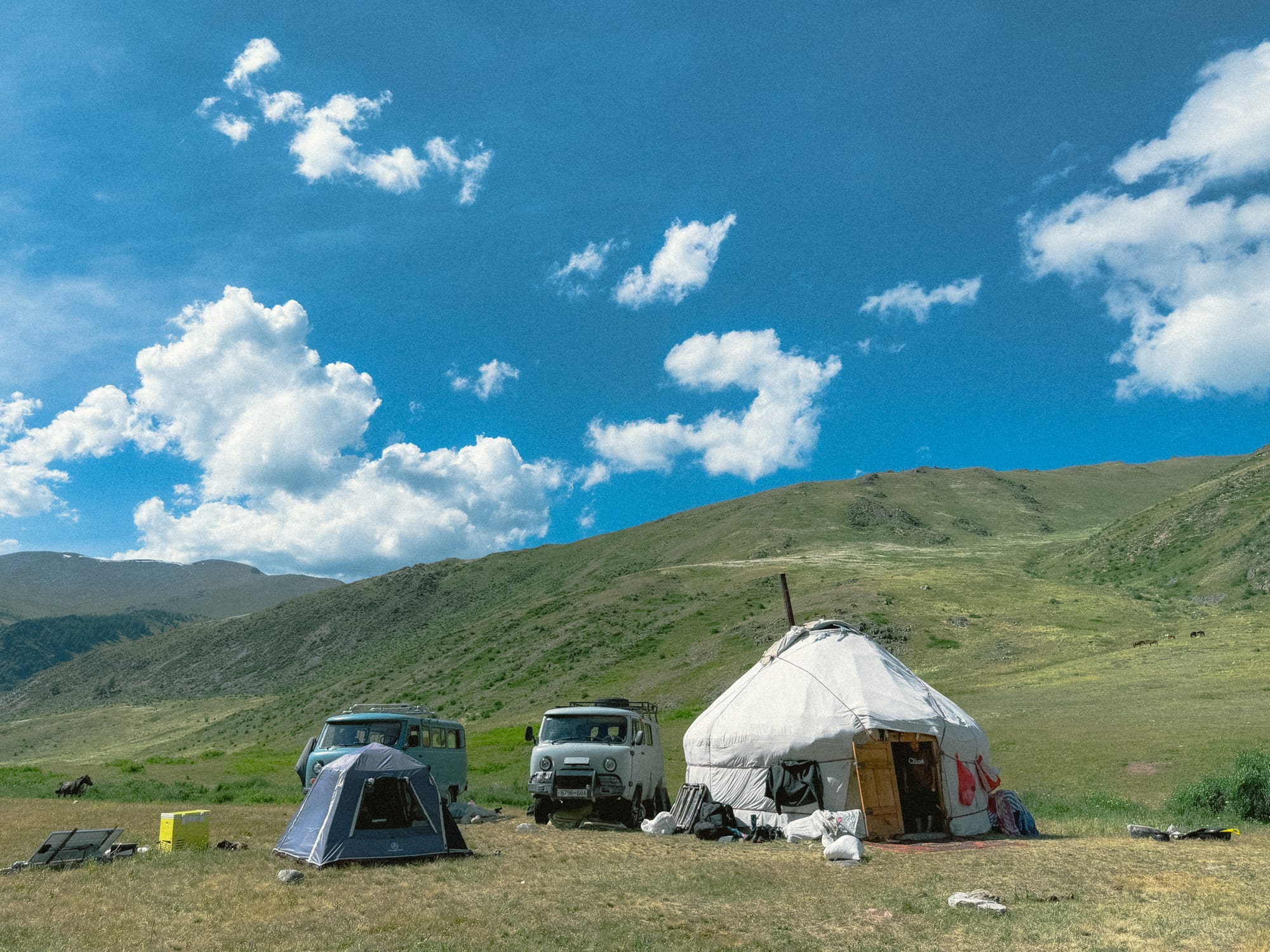 kazakh ger and soviet vans and tent in Altai national park